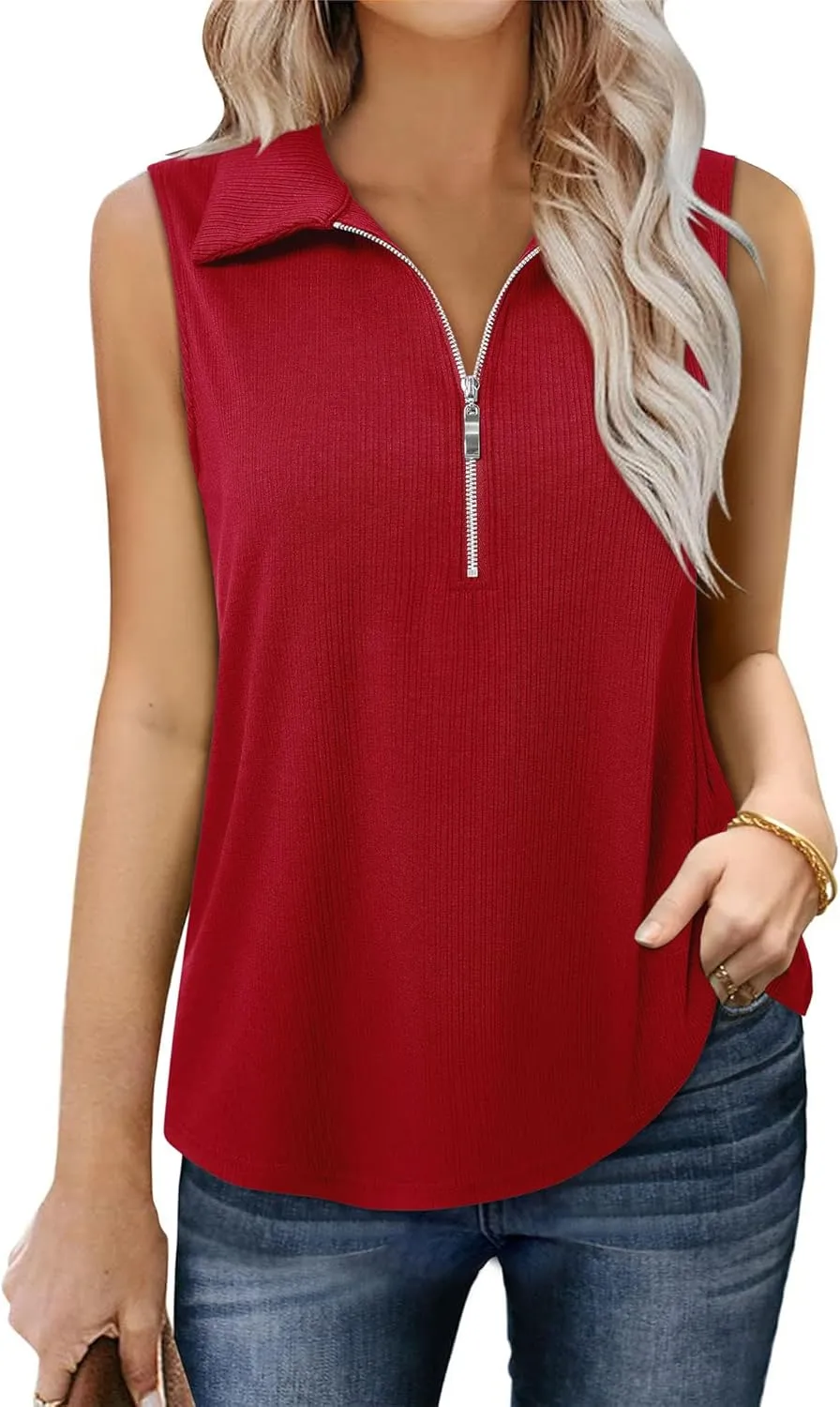 Vivilli Womens Ribbed Tank Top Zipper V Neck Dressy Casual Blouses Sleeveless Camisole Tops Work Tank Polo Shirts