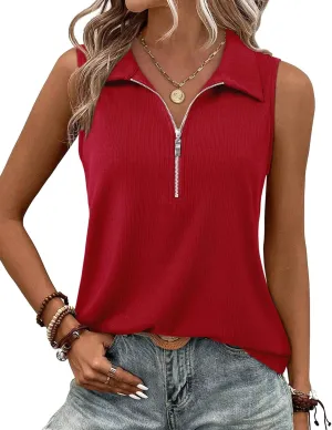Vivilli Womens Ribbed Tank Top Zipper V Neck Dressy Casual Blouses Sleeveless Camisole Tops Work Tank Polo Shirts