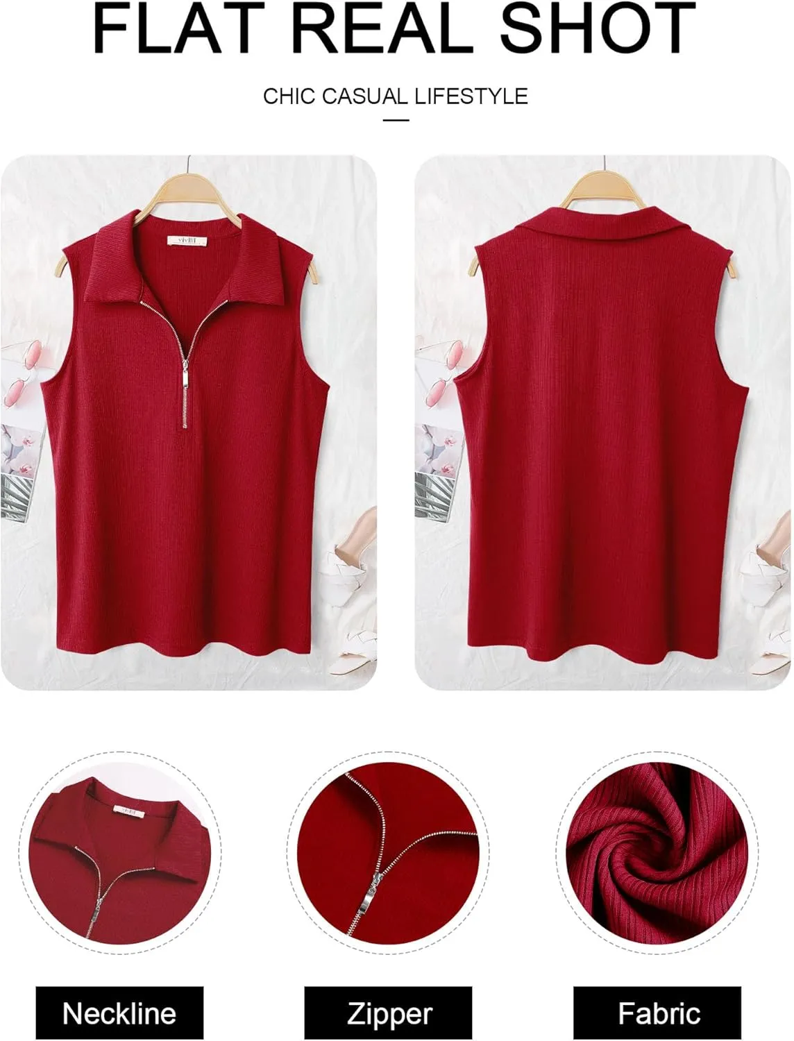 Vivilli Womens Ribbed Tank Top Zipper V Neck Dressy Casual Blouses Sleeveless Camisole Tops Work Tank Polo Shirts