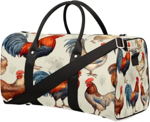 Watercolor Rooster Pattern Travel Duffel Bag for Women Men, Chicken Painted Sport Tote Gym Bag Foldable Weekender Overnight Bag Waterproof Carry On Luggage Bag