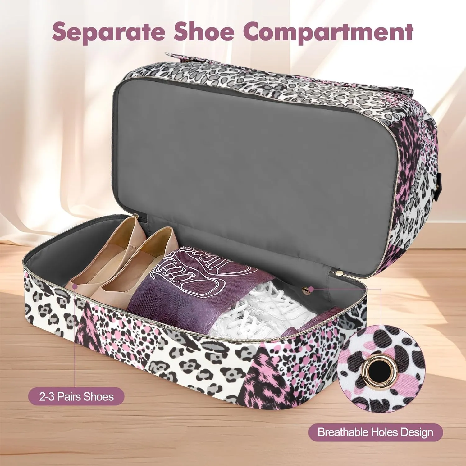 Wedama Weekender Bag for Women, Large Travel Duffel bag with Shoe Compartment, Carry on Overnight with Toiletry Makeup Bag for Travel Gym Camping Hospital, Leopard Print