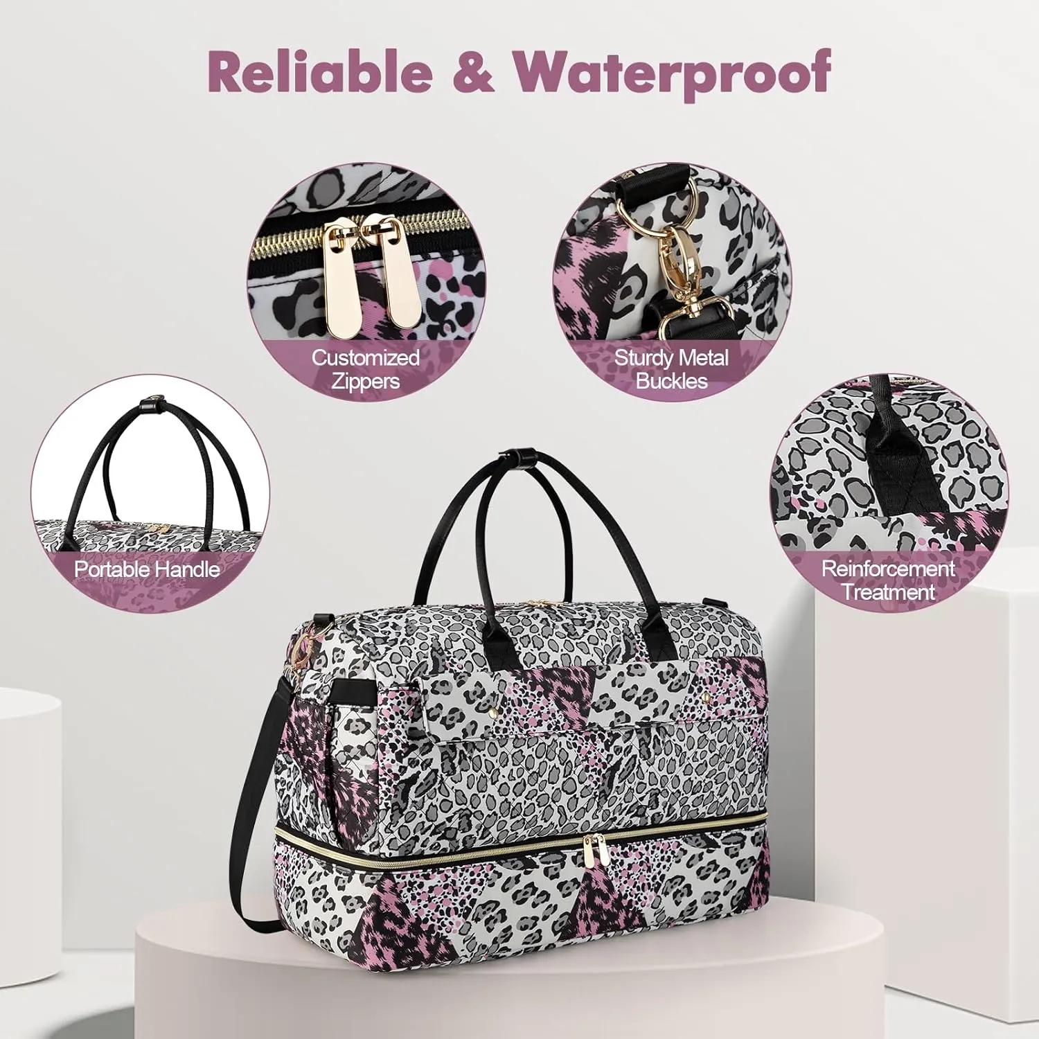 Wedama Weekender Bag for Women, Large Travel Duffel bag with Shoe Compartment, Carry on Overnight with Toiletry Makeup Bag for Travel Gym Camping Hospital, Leopard Print