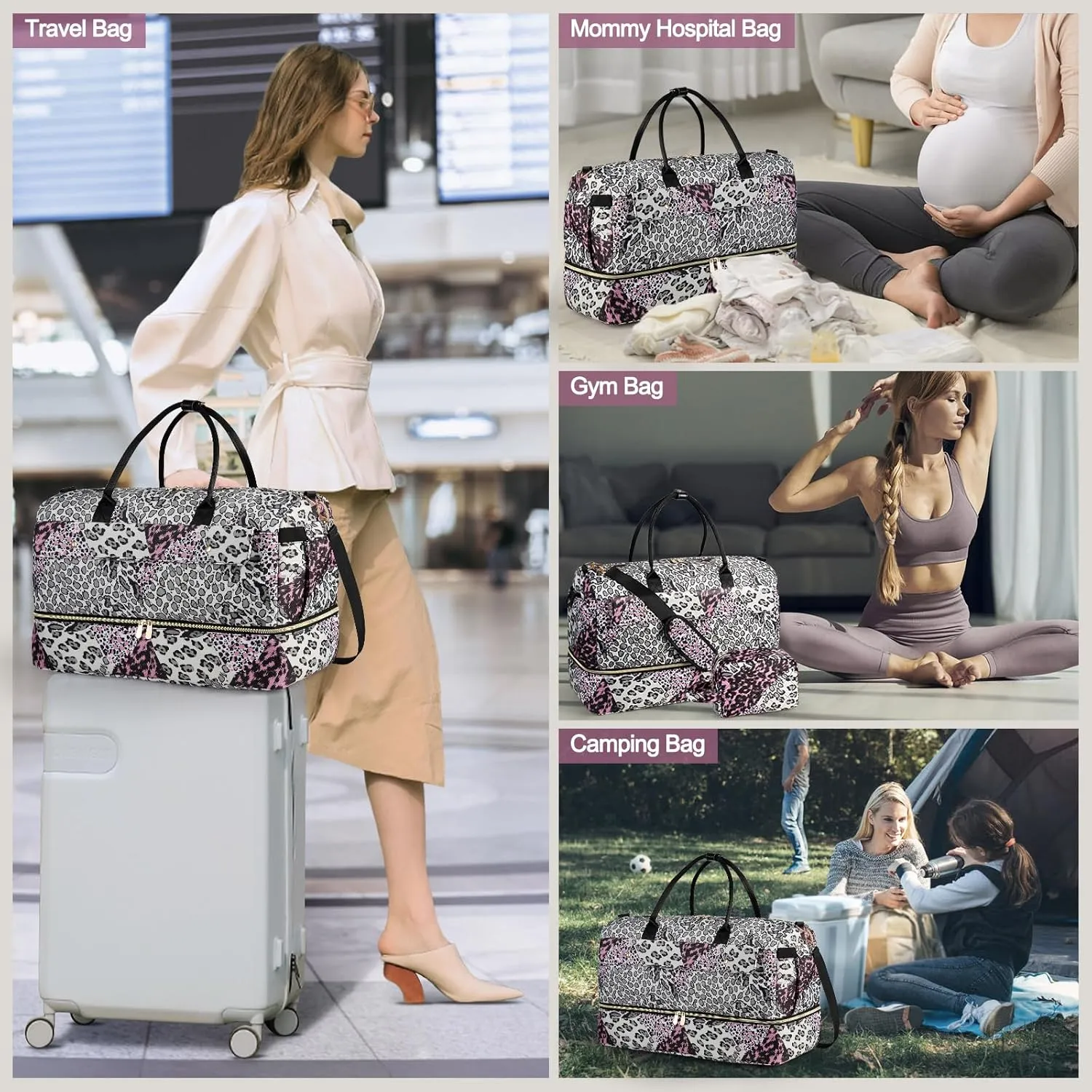 Wedama Weekender Bag for Women, Large Travel Duffel bag with Shoe Compartment, Carry on Overnight with Toiletry Makeup Bag for Travel Gym Camping Hospital, Leopard Print