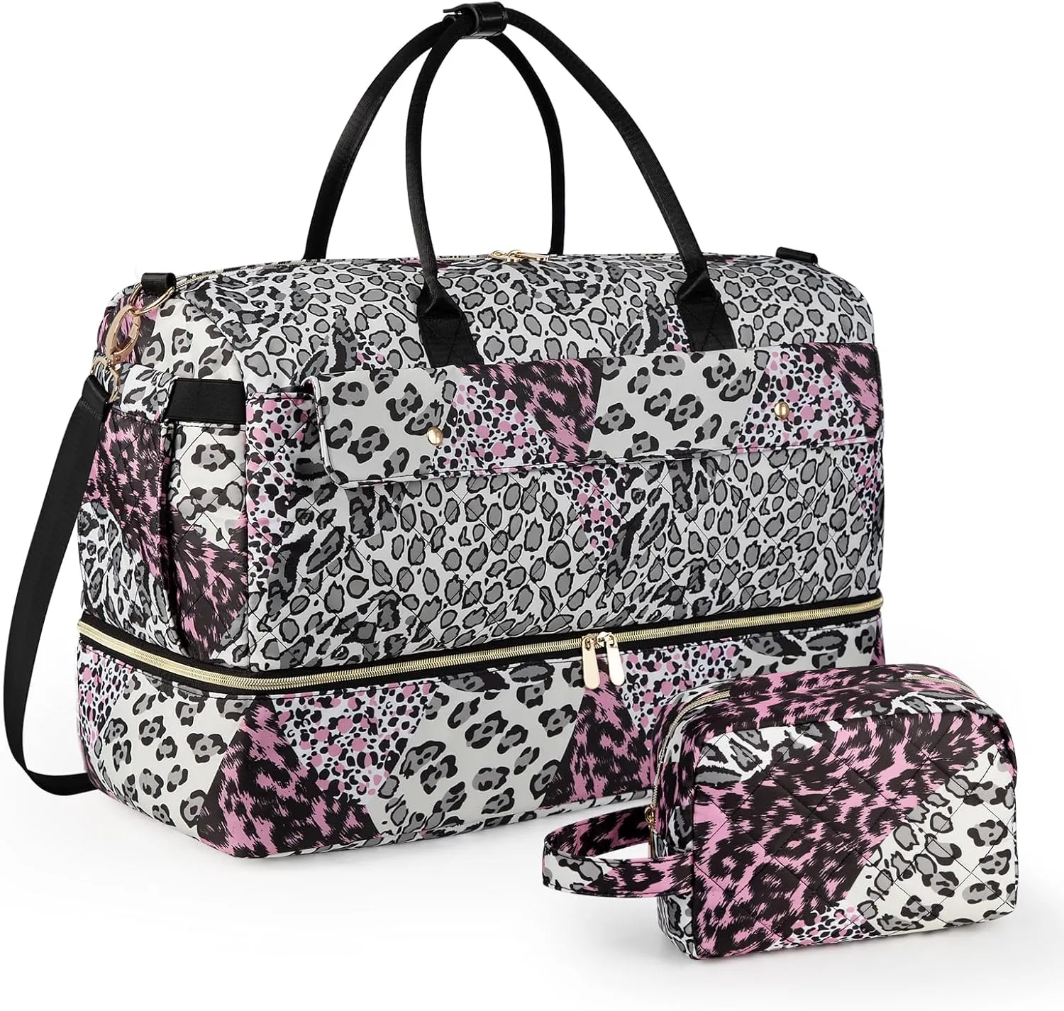 Wedama Weekender Bag for Women, Large Travel Duffel bag with Shoe Compartment, Carry on Overnight with Toiletry Makeup Bag for Travel Gym Camping Hospital, Leopard Print