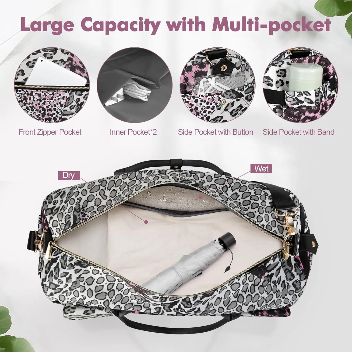 Wedama Weekender Bag for Women, Large Travel Duffel bag with Shoe Compartment, Carry on Overnight with Toiletry Makeup Bag for Travel Gym Camping Hospital, Leopard Print