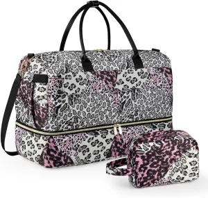 Wedama Weekender Bag for Women, Large Travel Duffel bag with Shoe Compartment, Carry on Overnight with Toiletry Makeup Bag for Travel Gym Camping Hospital, Leopard Print