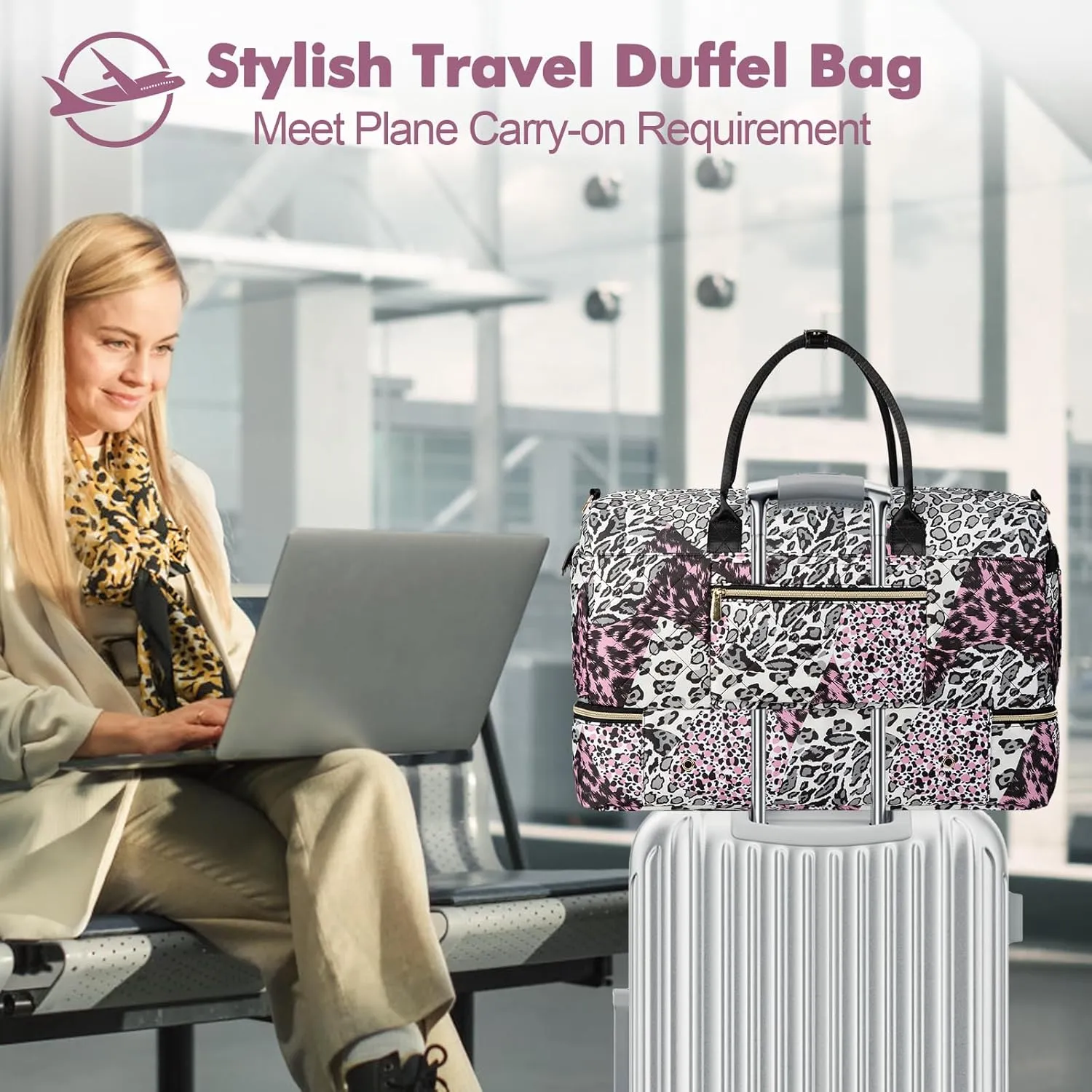 Wedama Weekender Bag for Women, Large Travel Duffel bag with Shoe Compartment, Carry on Overnight with Toiletry Makeup Bag for Travel Gym Camping Hospital, Leopard Print
