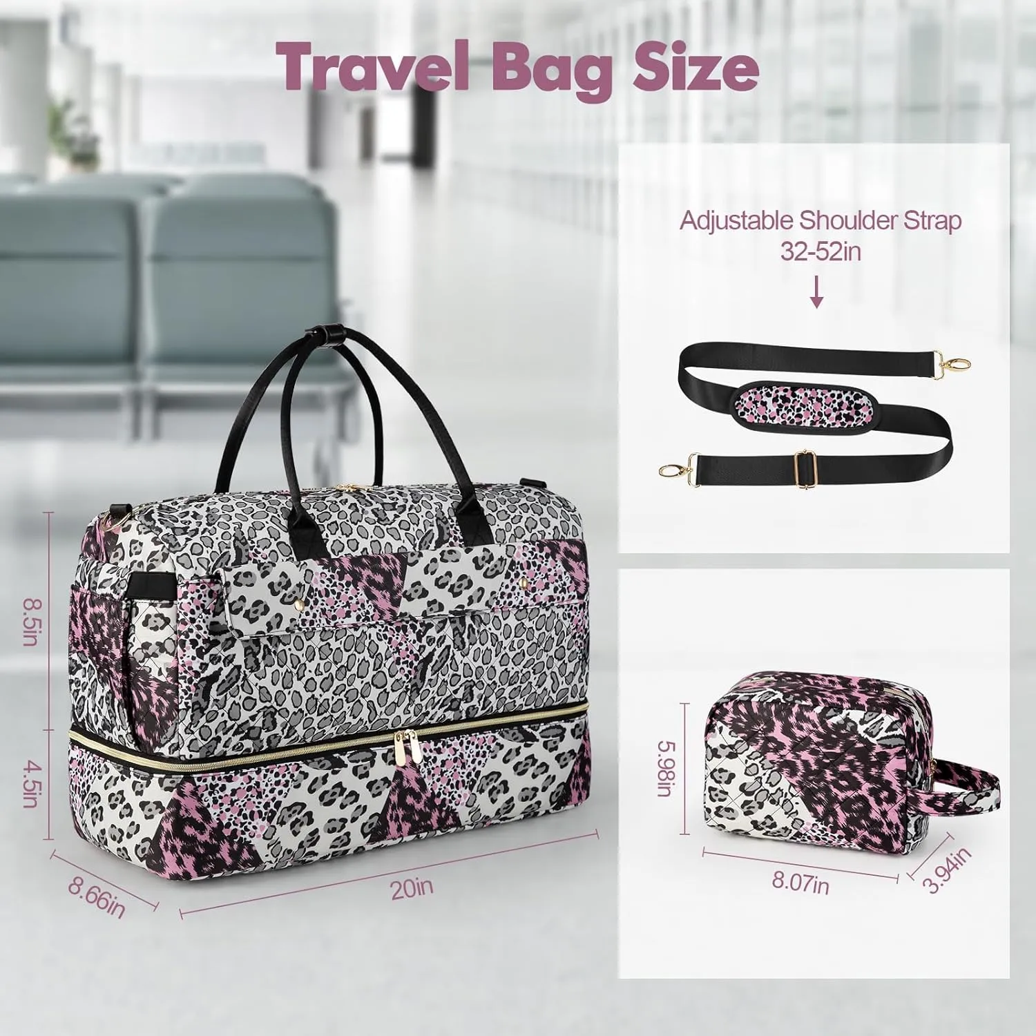 Wedama Weekender Bag for Women, Large Travel Duffel bag with Shoe Compartment, Carry on Overnight with Toiletry Makeup Bag for Travel Gym Camping Hospital, Leopard Print