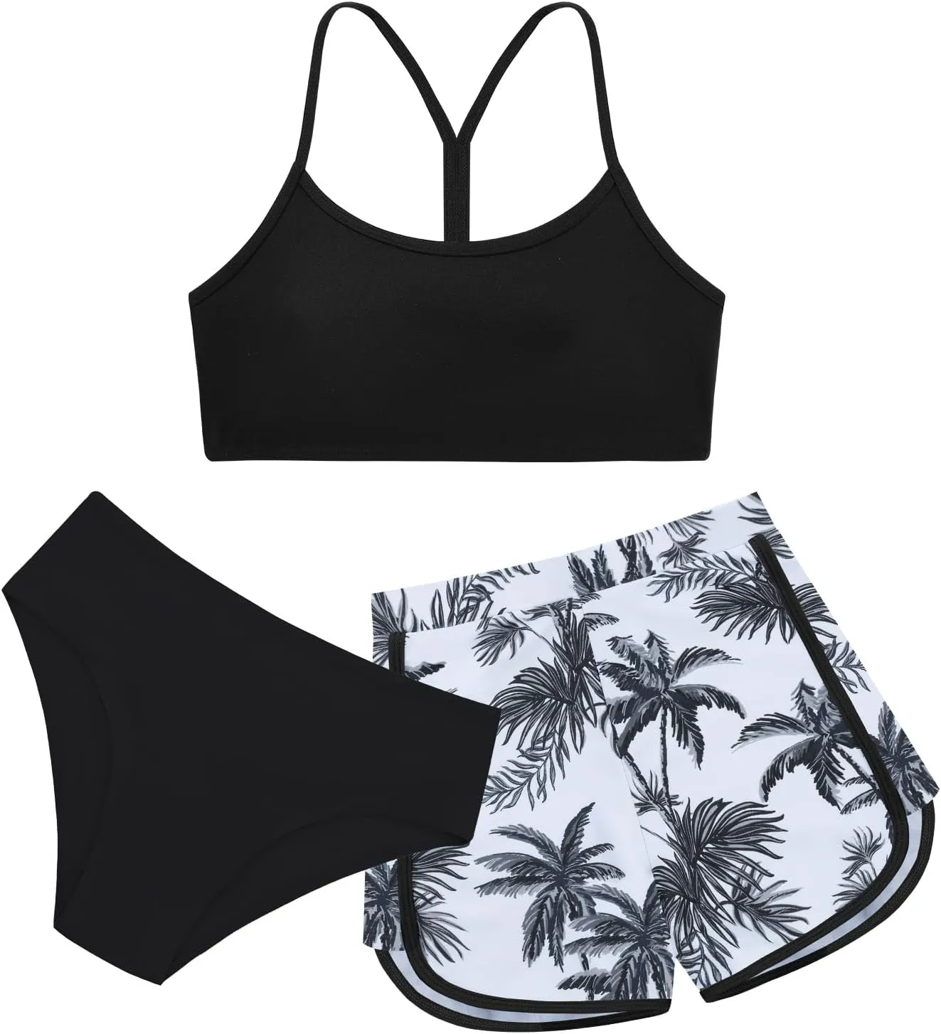 Weixinbuy Girls 3 Piece Swimsuit Bathing Suits Solid Bikini Set with Printed Sports Shorts Swimwear for 9-16Y Teen Girls