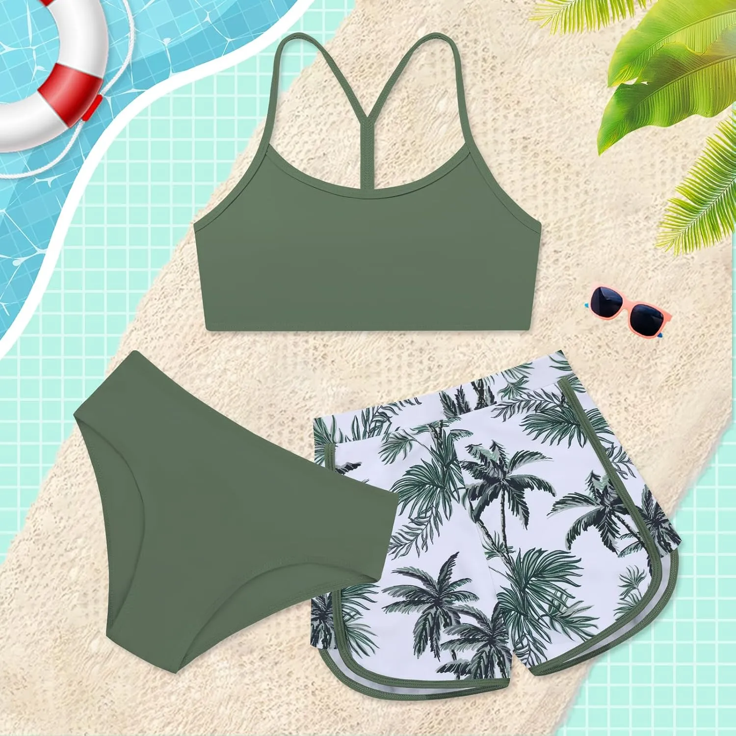 Weixinbuy Girls 3 Piece Swimsuit Bathing Suits Solid Bikini Set with Printed Sports Shorts Swimwear for 9-16Y Teen Girls