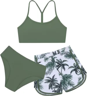 Weixinbuy Girls 3 Piece Swimsuit Bathing Suits Solid Bikini Set with Printed Sports Shorts Swimwear for 9-16Y Teen Girls