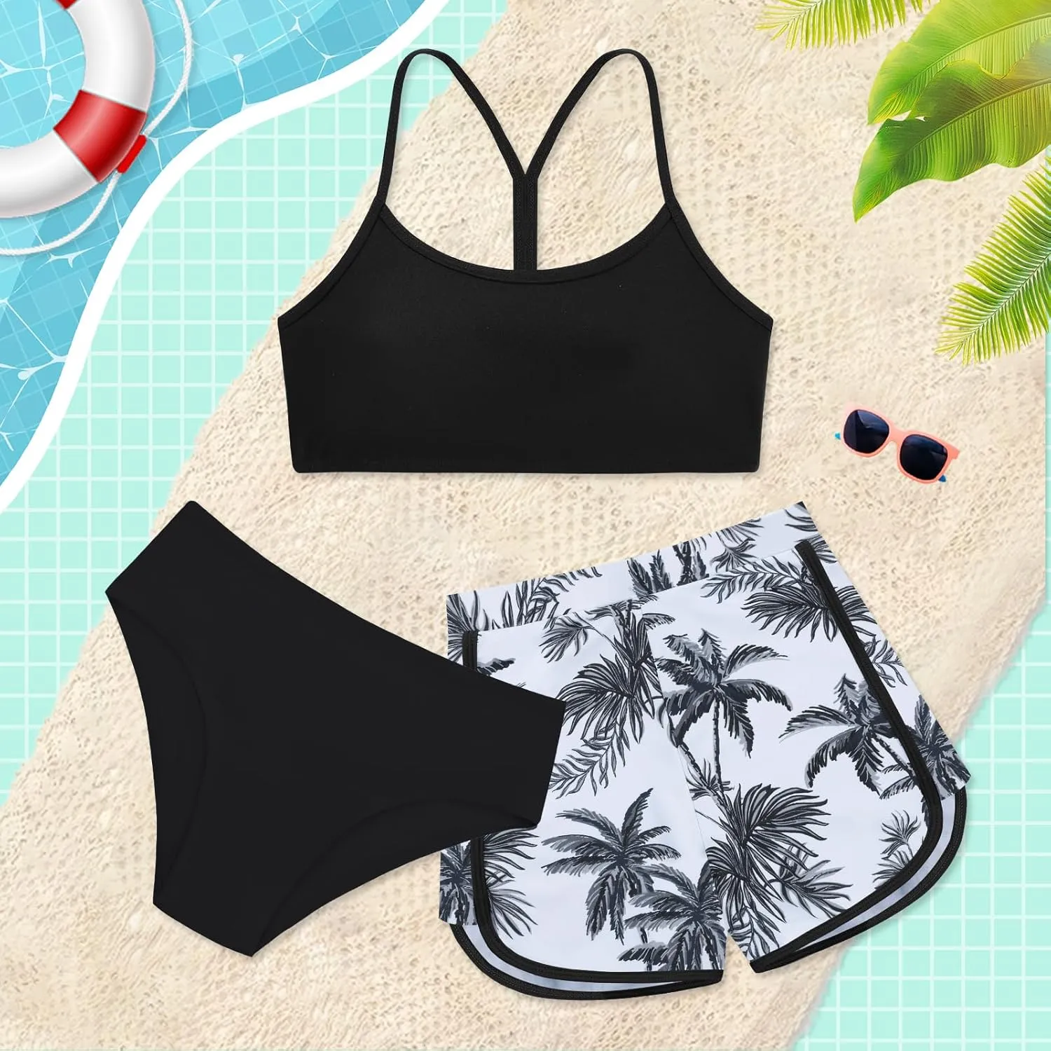 Weixinbuy Girls 3 Piece Swimsuit Bathing Suits Solid Bikini Set with Printed Sports Shorts Swimwear for 9-16Y Teen Girls