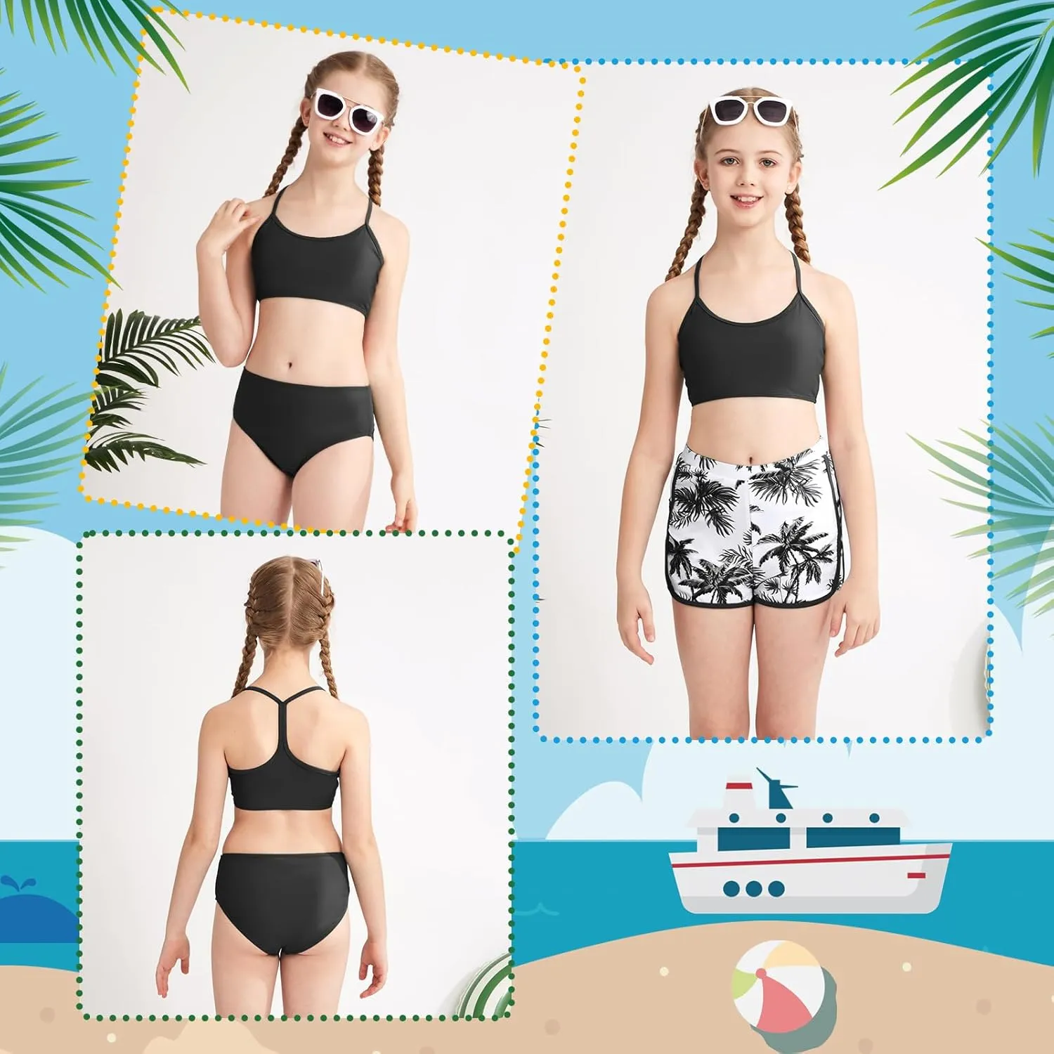Weixinbuy Girls 3 Piece Swimsuit Bathing Suits Solid Bikini Set with Printed Sports Shorts Swimwear for 9-16Y Teen Girls