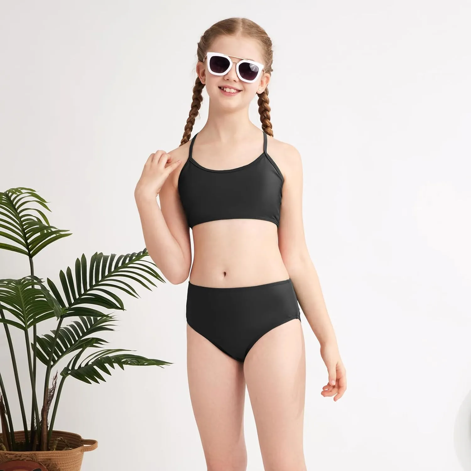 Weixinbuy Girls 3 Piece Swimsuit Bathing Suits Solid Bikini Set with Printed Sports Shorts Swimwear for 9-16Y Teen Girls