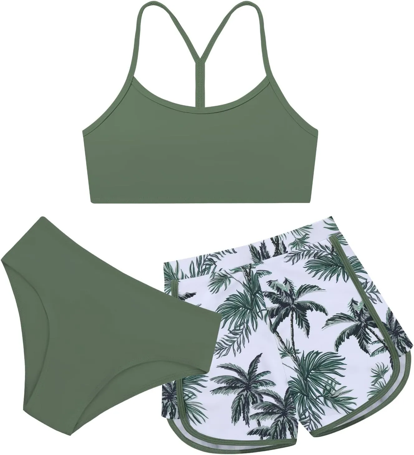 Weixinbuy Girls 3 Piece Swimsuit Bathing Suits Solid Bikini Set with Printed Sports Shorts Swimwear for 9-16Y Teen Girls