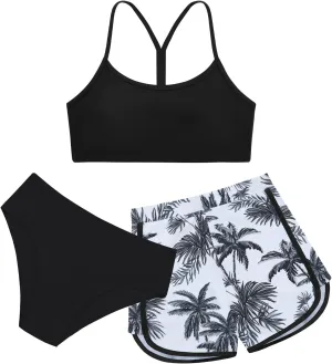 Weixinbuy Girls 3 Piece Swimsuit Bathing Suits Solid Bikini Set with Printed Sports Shorts Swimwear for 9-16Y Teen Girls