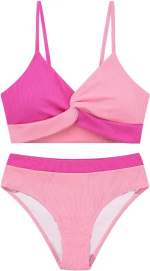 Weixinbuy Girls' Swimsuit Kid Two-Piece V-Neck Bikini Set Spaghetti Strap Twist Cross Bathing Suit Swimwear Size 9-16