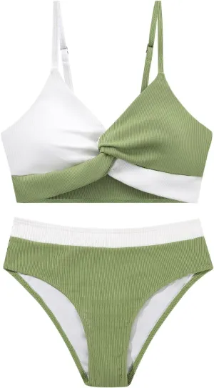 Weixinbuy Girls' Swimsuit Kid Two-Piece V-Neck Bikini Set Spaghetti Strap Twist Cross Bathing Suit Swimwear Size 9-16