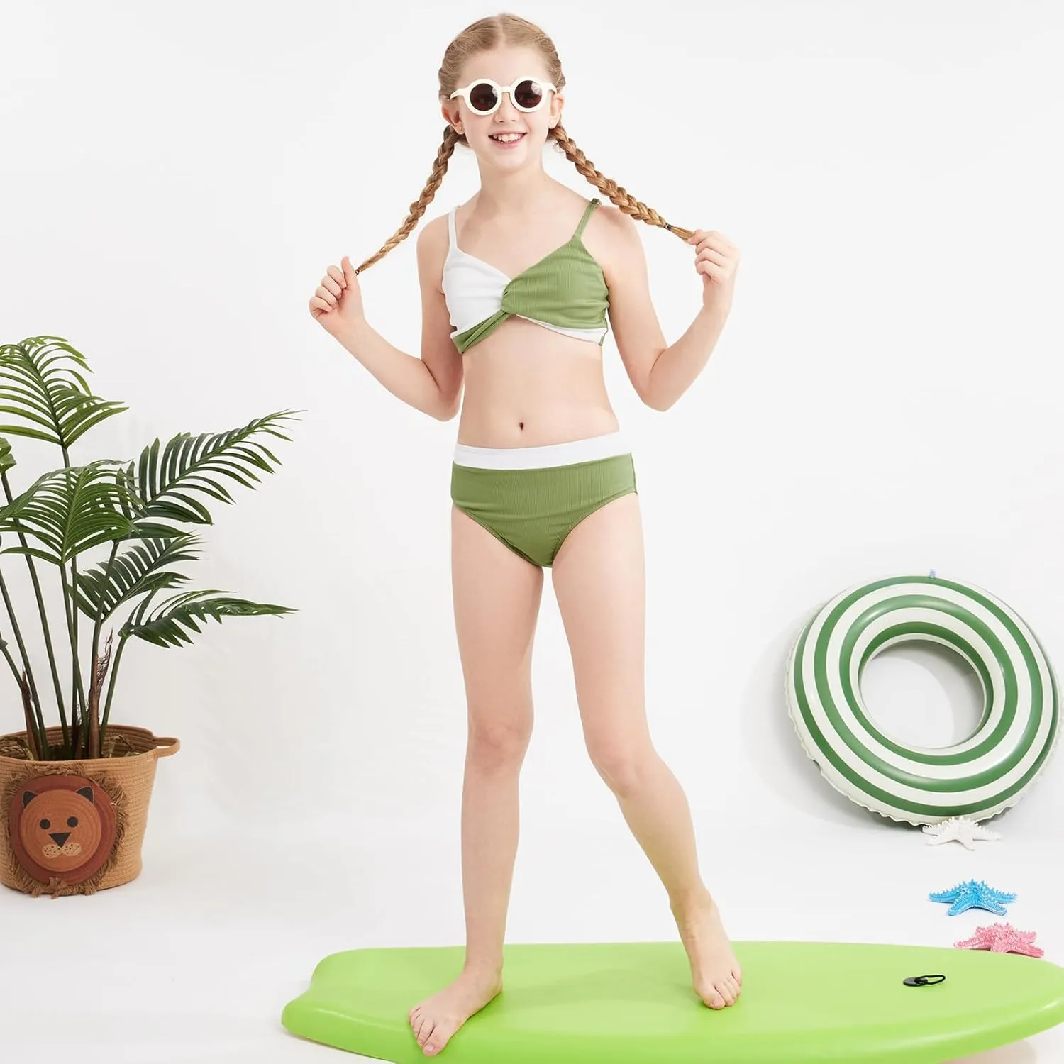 Weixinbuy Girls' Swimsuit Kid Two-Piece V-Neck Bikini Set Spaghetti Strap Twist Cross Bathing Suit Swimwear Size 9-16