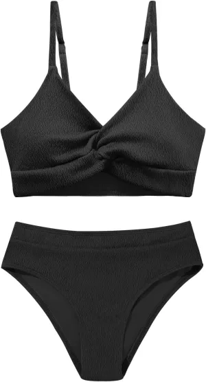 Weixinbuy Girls' Swimsuit Kid Two-Piece V-Neck Bikini Set Spaghetti Strap Twist Cross Bathing Suit Swimwear Size 9-16