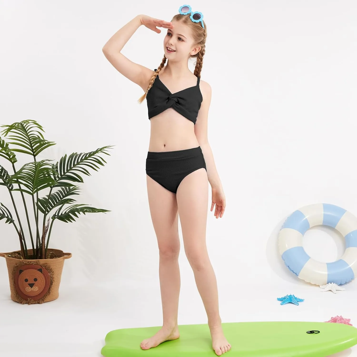 Weixinbuy Girls' Swimsuit Kid Two-Piece V-Neck Bikini Set Spaghetti Strap Twist Cross Bathing Suit Swimwear Size 9-16