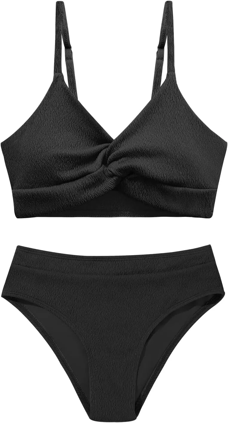 Weixinbuy Girls' Swimsuit Kid Two-Piece V-Neck Bikini Set Spaghetti Strap Twist Cross Bathing Suit Swimwear Size 9-16