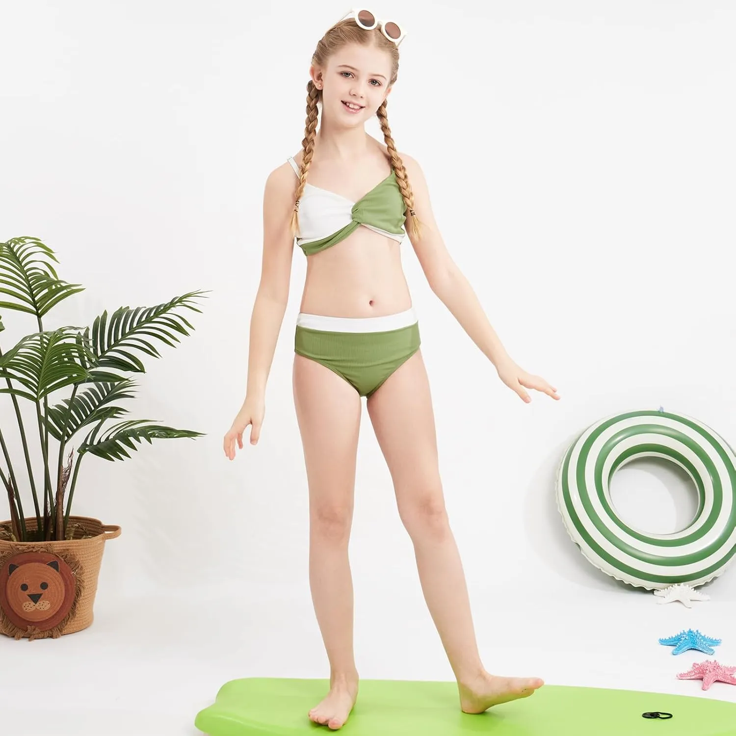 Weixinbuy Girls' Swimsuit Kid Two-Piece V-Neck Bikini Set Spaghetti Strap Twist Cross Bathing Suit Swimwear Size 9-16