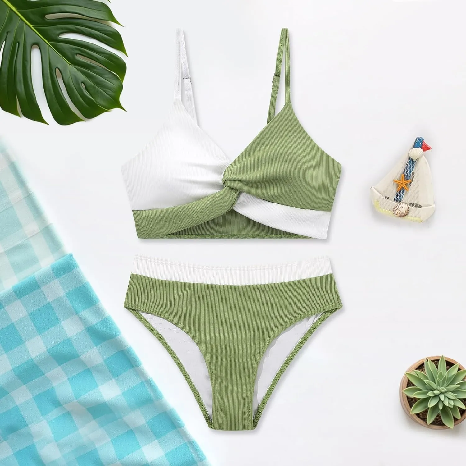 Weixinbuy Girls' Swimsuit Kid Two-Piece V-Neck Bikini Set Spaghetti Strap Twist Cross Bathing Suit Swimwear Size 9-16