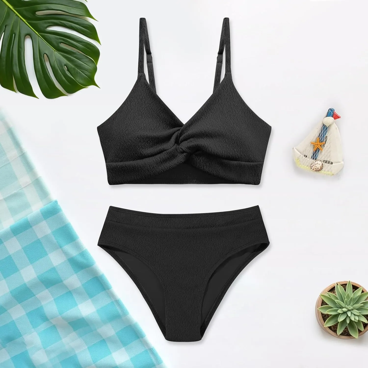 Weixinbuy Girls' Swimsuit Kid Two-Piece V-Neck Bikini Set Spaghetti Strap Twist Cross Bathing Suit Swimwear Size 9-16