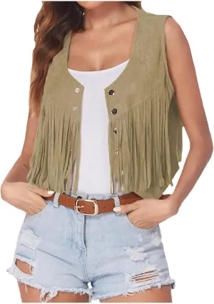 Western Fringe Vest Tops Womens Classic Suede Leather 70s Cowboy Shirt Rodeo Outfits Sleeveless Hippie Tassel Jackets