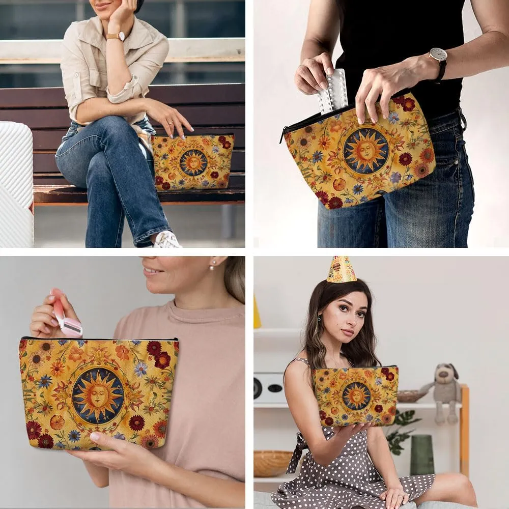 Witchy Gifts for Women, Boho Sun and Moon Makeup Bag, Witchcraft Supplies Witch Hippie Retro Flower Cosmetic Bag for Women Friends Sister Girls Birthday Christmas Graduation Travel Toiletry Bag