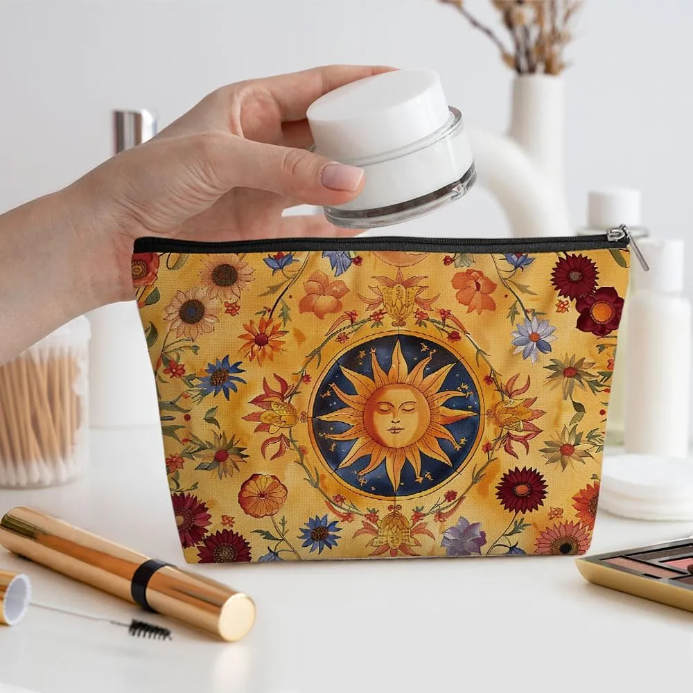 Witchy Gifts for Women, Boho Sun and Moon Makeup Bag, Witchcraft Supplies Witch Hippie Retro Flower Cosmetic Bag for Women Friends Sister Girls Birthday Christmas Graduation Travel Toiletry Bag