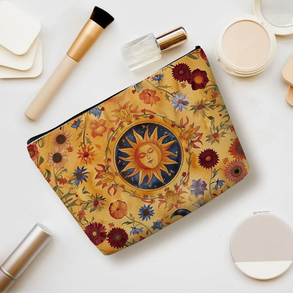 Witchy Gifts for Women, Boho Sun and Moon Makeup Bag, Witchcraft Supplies Witch Hippie Retro Flower Cosmetic Bag for Women Friends Sister Girls Birthday Christmas Graduation Travel Toiletry Bag
