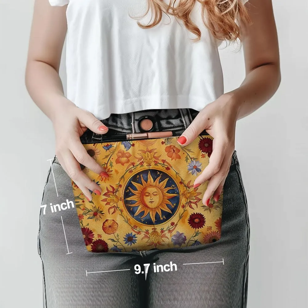 Witchy Gifts for Women, Boho Sun and Moon Makeup Bag, Witchcraft Supplies Witch Hippie Retro Flower Cosmetic Bag for Women Friends Sister Girls Birthday Christmas Graduation Travel Toiletry Bag