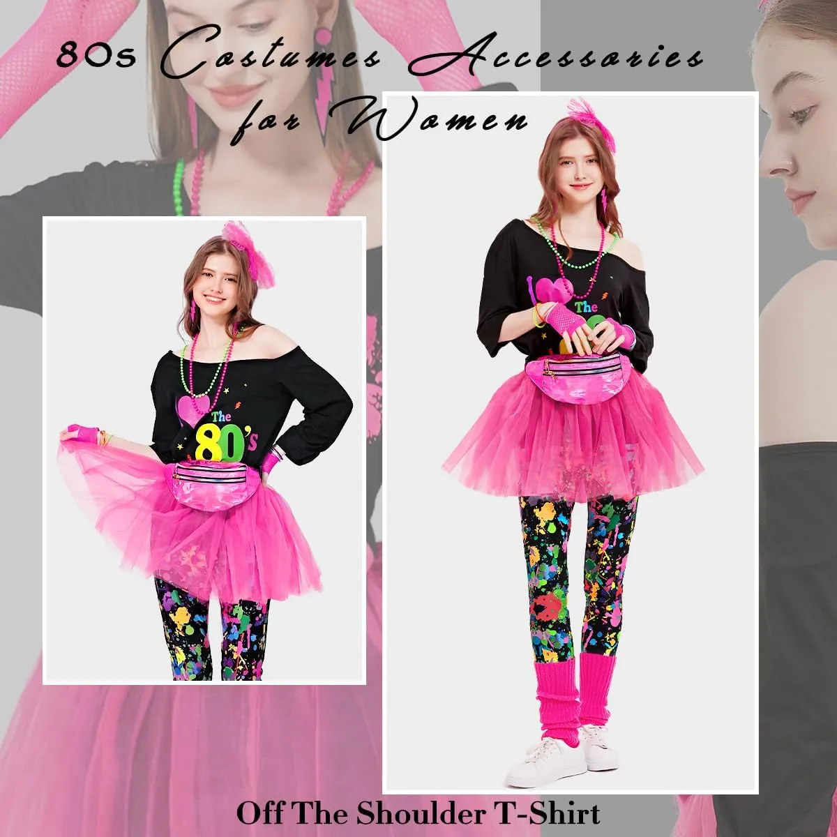 WlLDPARTY 80s Outfit Women Costume Accessories Set, T Shirt Leggings Tutu Skirt Fanny Pack Headband Fishnet Gloves Legwarmers