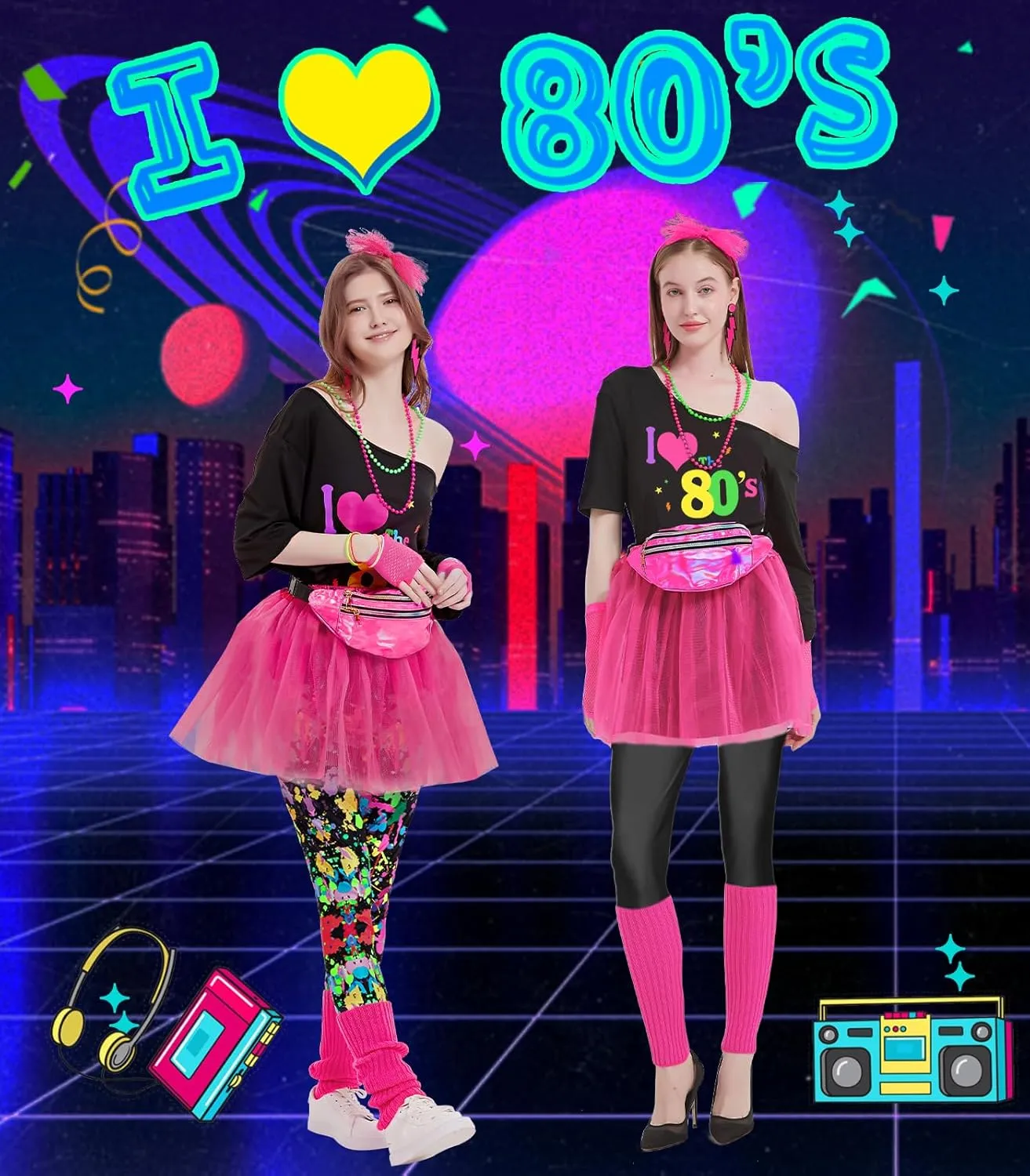 WlLDPARTY 80s Outfit Women Costume Accessories Set, T Shirt Leggings Tutu Skirt Fanny Pack Headband Fishnet Gloves Legwarmers