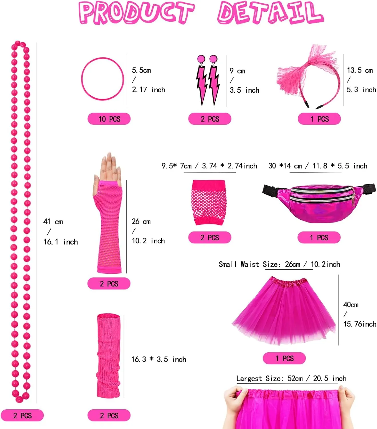 WlLDPARTY 80s Outfit Women Costume Accessories Set, T Shirt Leggings Tutu Skirt Fanny Pack Headband Fishnet Gloves Legwarmers