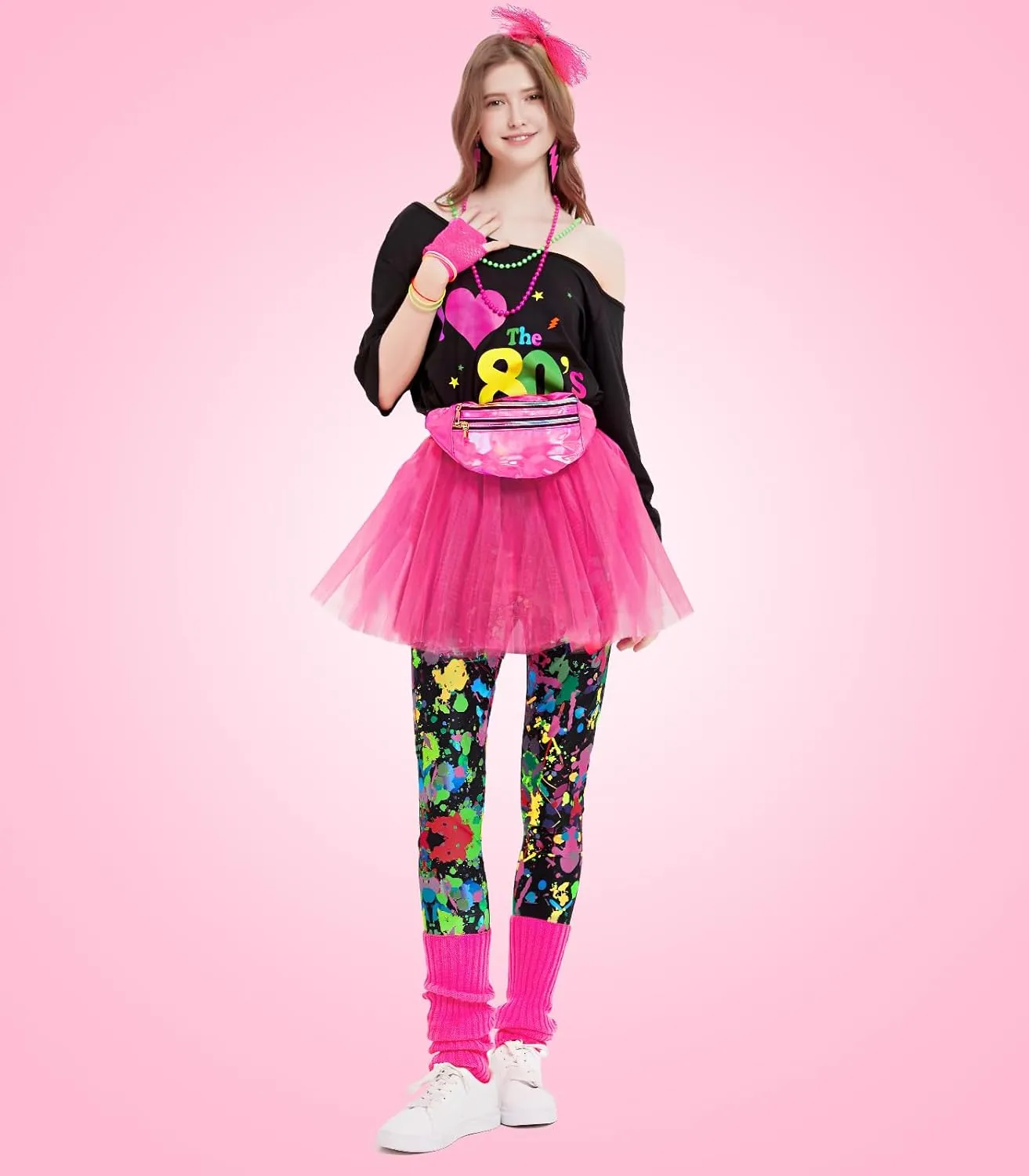 WlLDPARTY 80s Outfit Women Costume Accessories Set, T Shirt Leggings Tutu Skirt Fanny Pack Headband Fishnet Gloves Legwarmers