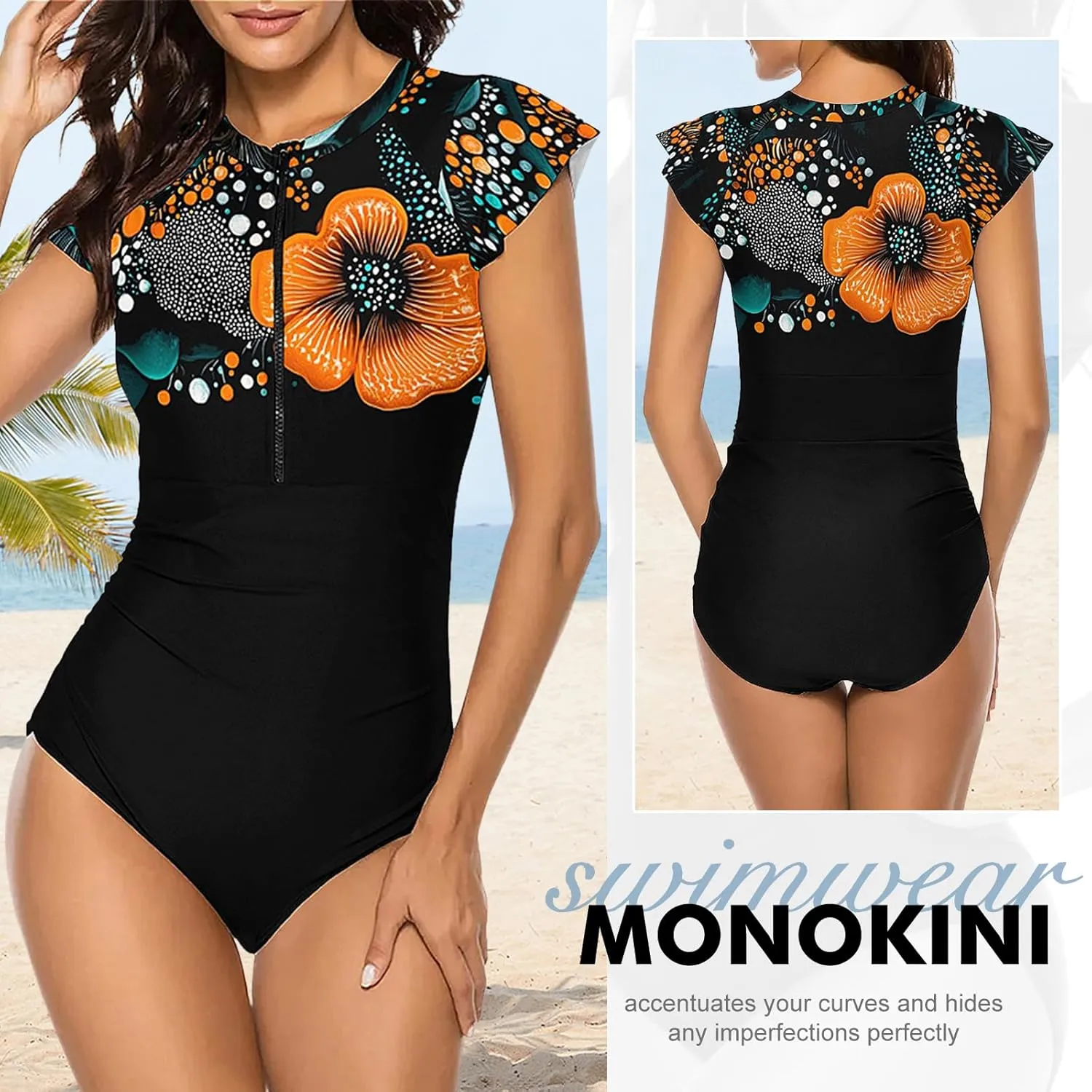 Wolddress Women Modest One Piece Bathing Suit Short Sleeve Tummy Control Swimsuit Zipper Surfing Athletic Rash Guard
