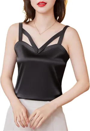 Women Black Camisole Vest Shirt Spring Silk Satin Tank Tops Sleeveless Hollow Out Tops
