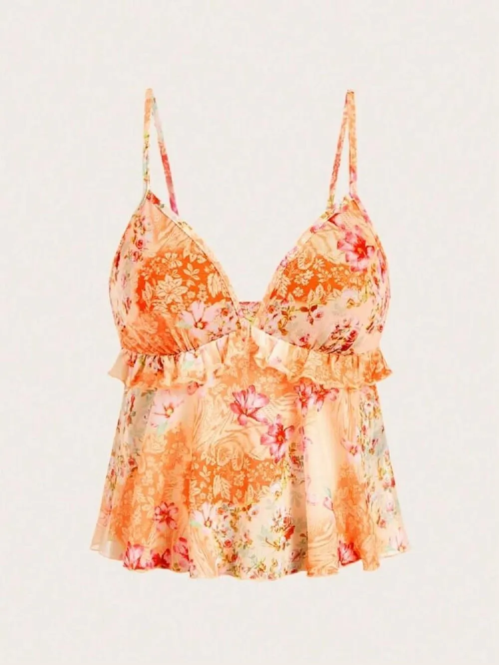 Women Floral Mesh Cami Crop Top Y2k V Neck Ruffle Spaghetti Strap Tank Tops Sexy Low Cut Going Out Camisole