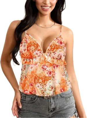 Women Floral Mesh Cami Crop Top Y2k V Neck Ruffle Spaghetti Strap Tank Tops Sexy Low Cut Going Out Camisole