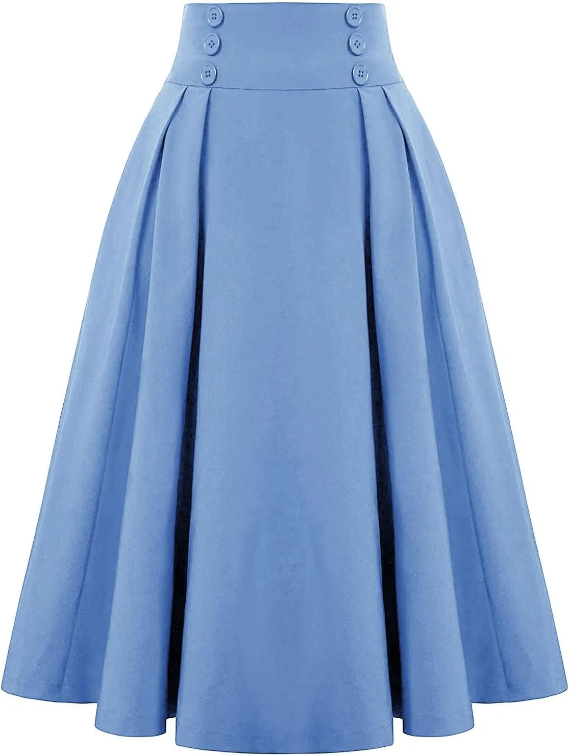 Women Midi Skirt Button High Waisted Elastic Casual Solid Color Pleated Knee Length Flowy A Line Skirts