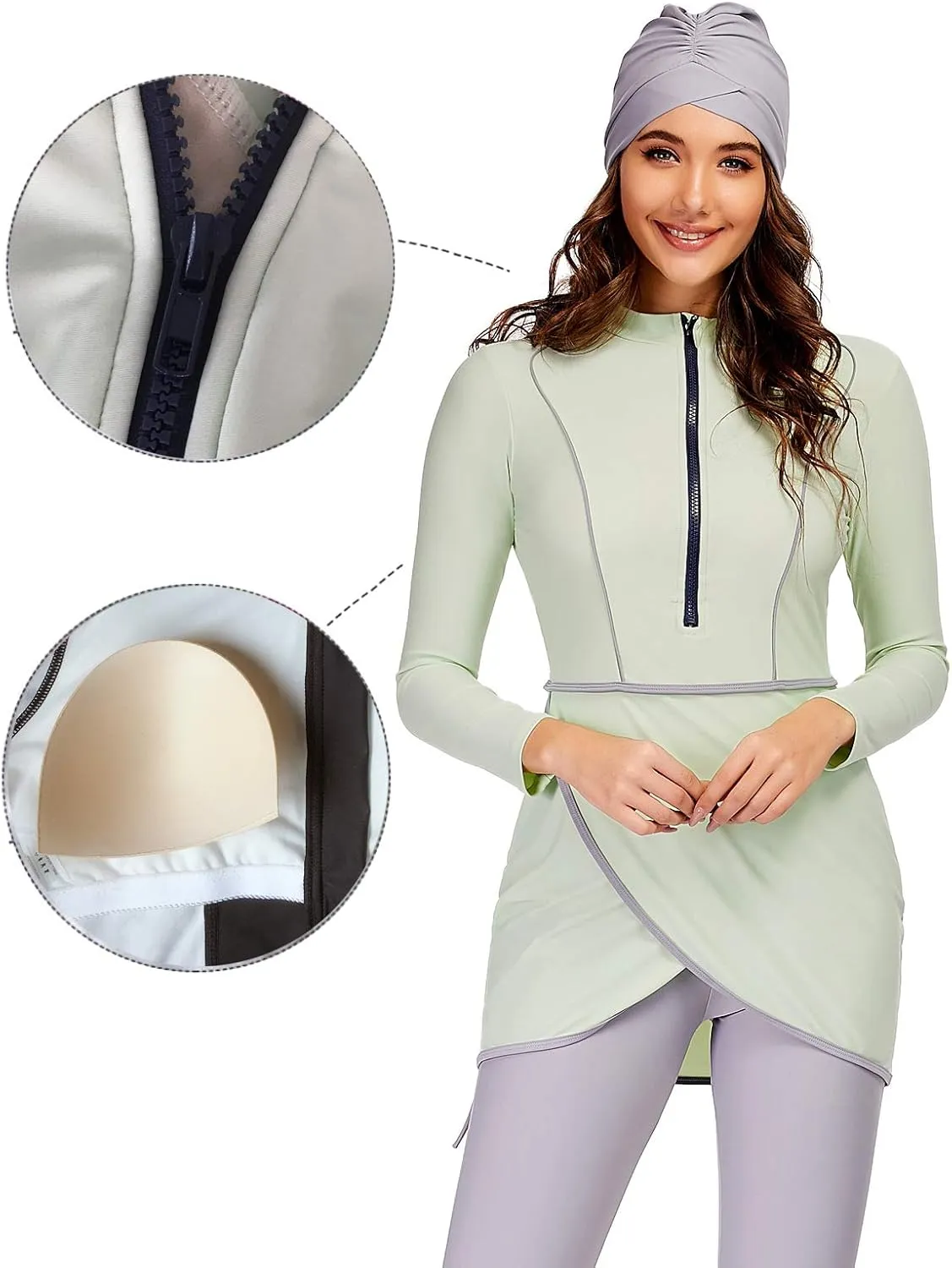 Women Modest Muslim Swimwear Sport Long Sleeves Swimsuit 3pcs Burkini Bra Pad