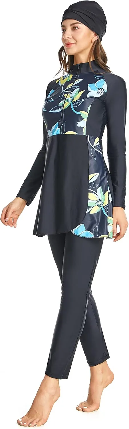 Women Modest Muslim Swimwear Sport Long Sleeves Swimsuit 3pcs Burkini Bra Pad