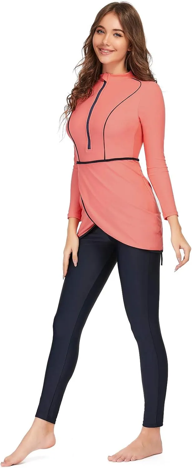 Women Modest Muslim Swimwear Sport Long Sleeves Swimsuit 3pcs Burkini Bra Pad
