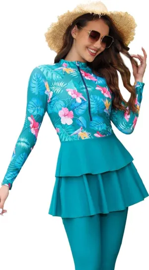 Women Modest Muslim Swimwear Sport Long Sleeves Swimsuit 3pcs Burkini Bra Pad