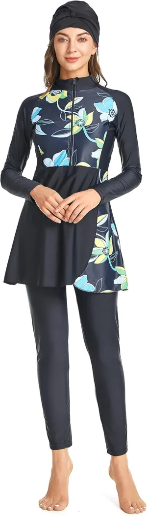 Women Modest Muslim Swimwear Sport Long Sleeves Swimsuit 3pcs Burkini Bra Pad