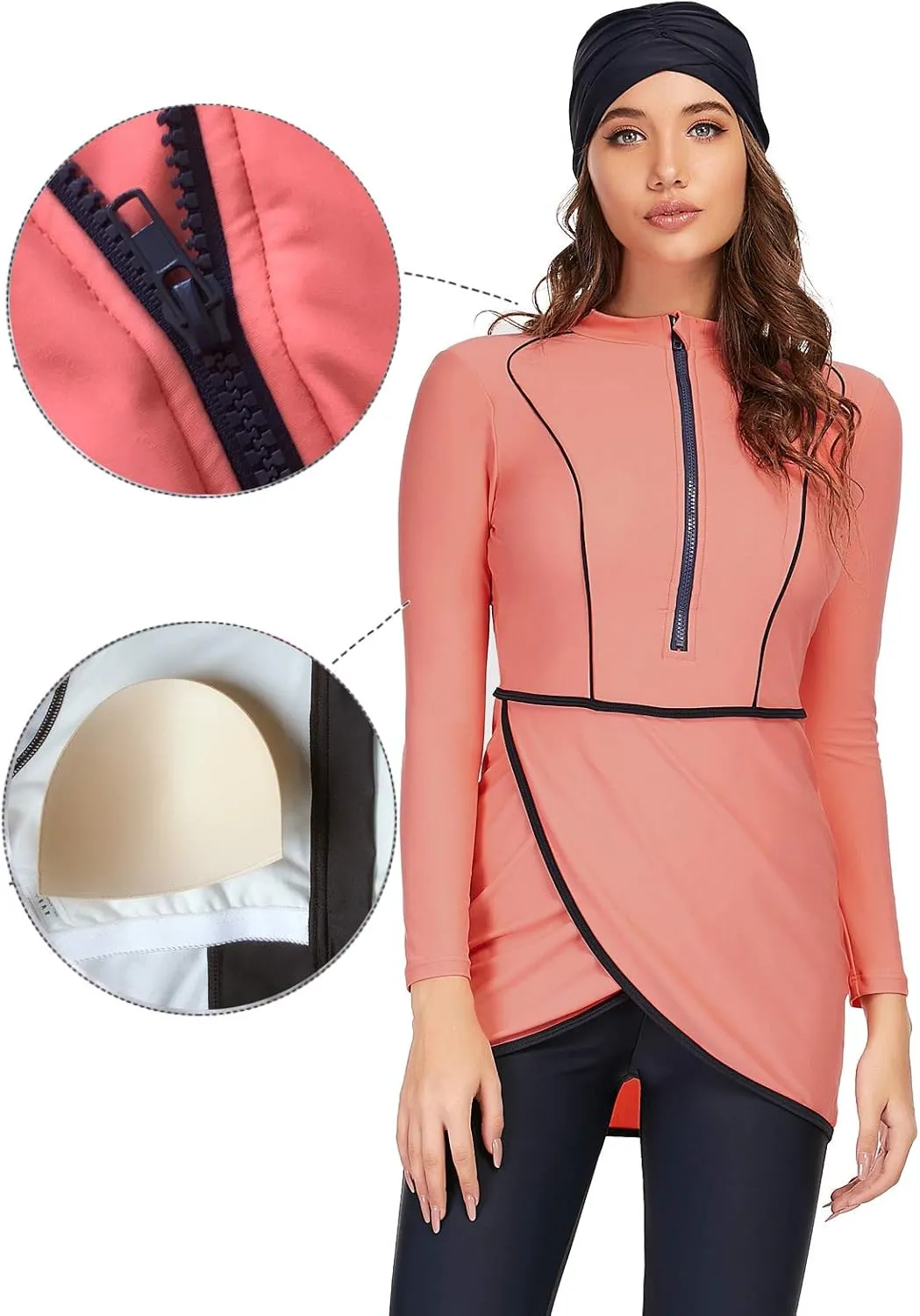 Women Modest Muslim Swimwear Sport Long Sleeves Swimsuit 3pcs Burkini Bra Pad
