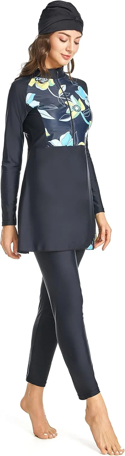 Women Modest Muslim Swimwear Sport Long Sleeves Swimsuit 3pcs Burkini Bra Pad